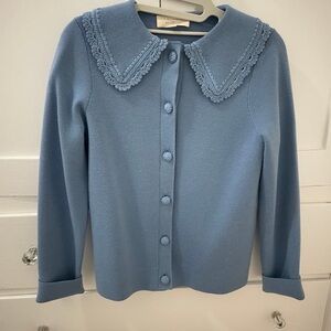 Sezane Blue Cardigan with Crochet Collar